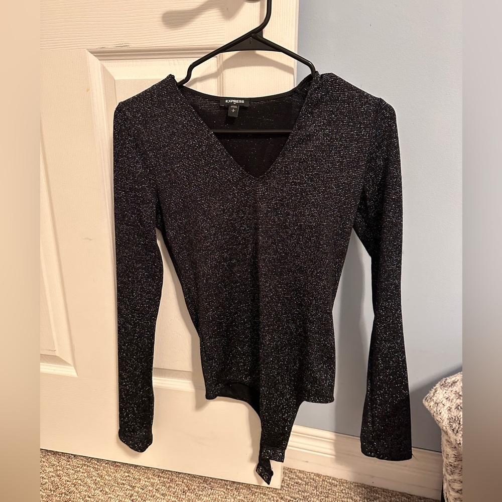 Express Navy Blue Sparkly Long Sleeve Bodysuit